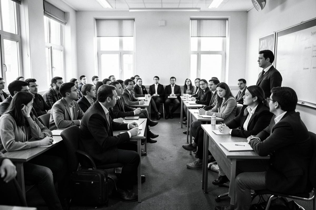 Turma assistindo palestra em auditório